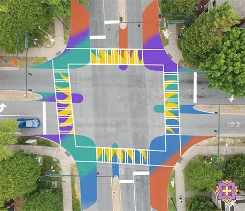 Aerial view of a painted traffic calming intersection